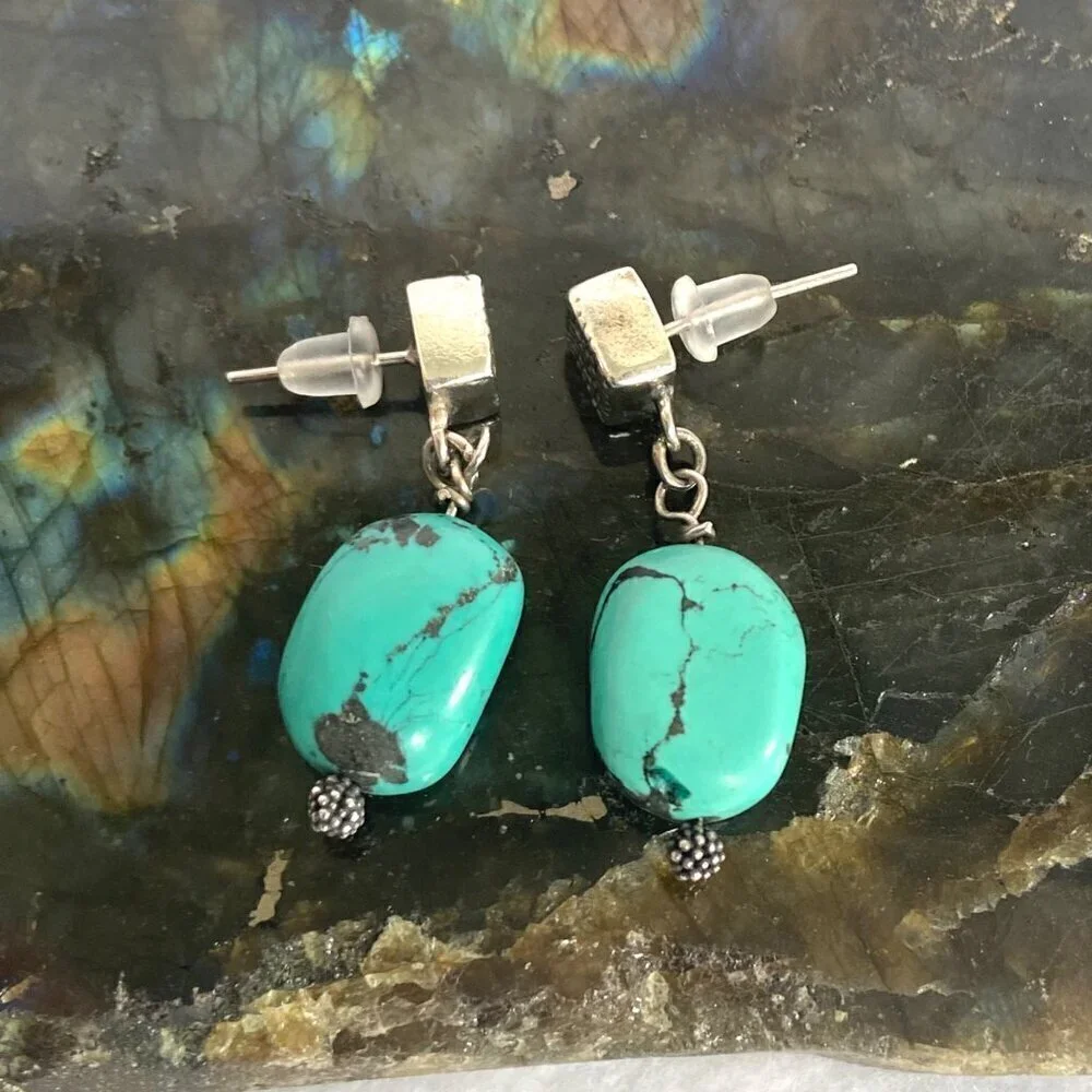 Sterling Silver 925 Southwest Style Beaded Turquoise Square Stud Dangle Earrings